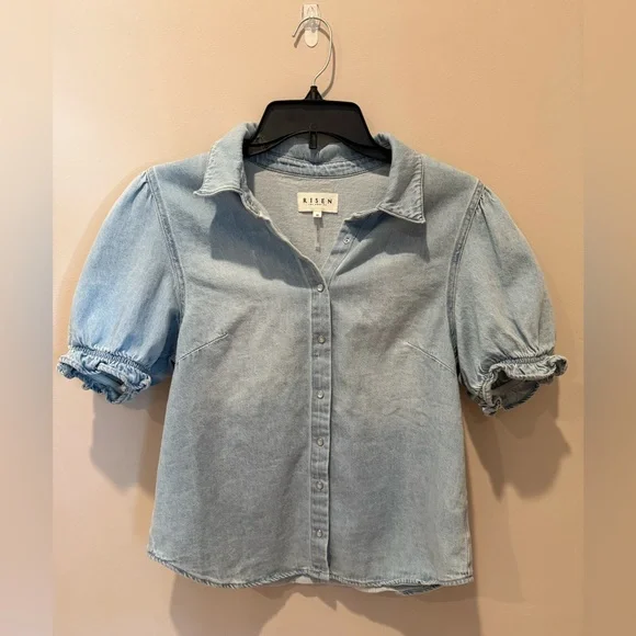 Risen Light Blue Denim Puff Sleeve Shirt (M) - Picture 1 of 5